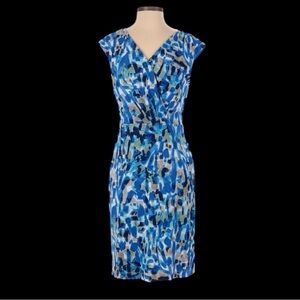 Ann Taylor Loft Blue Green Watercolor Abstract Sheath Dress Size Large Petite